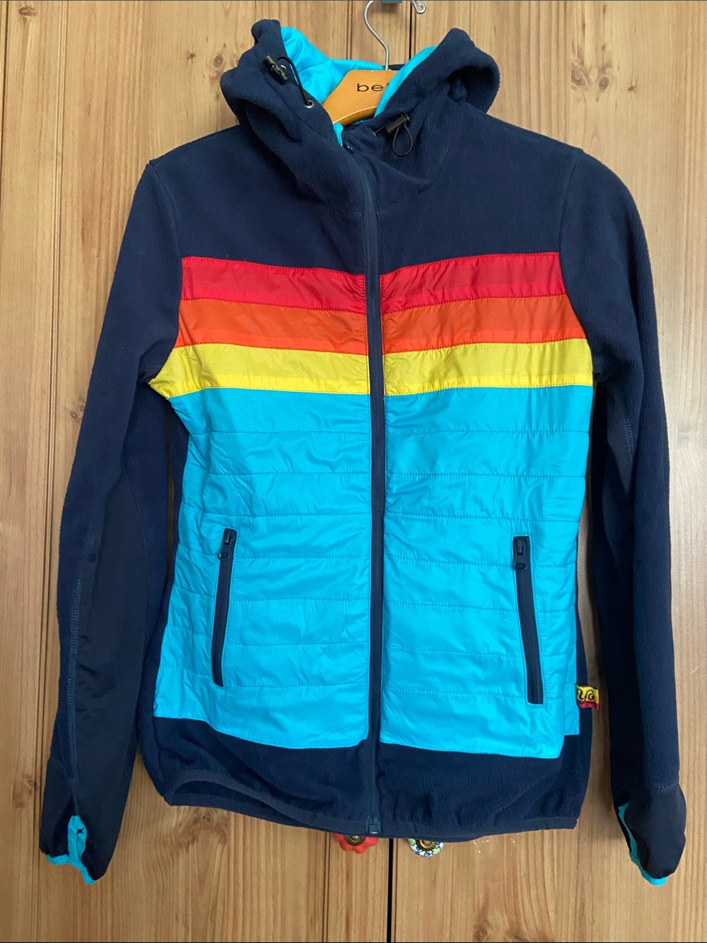 Yo Colorado Navy Hooded Down Fleece Jacket  Rainbow Stripe S Good Condition